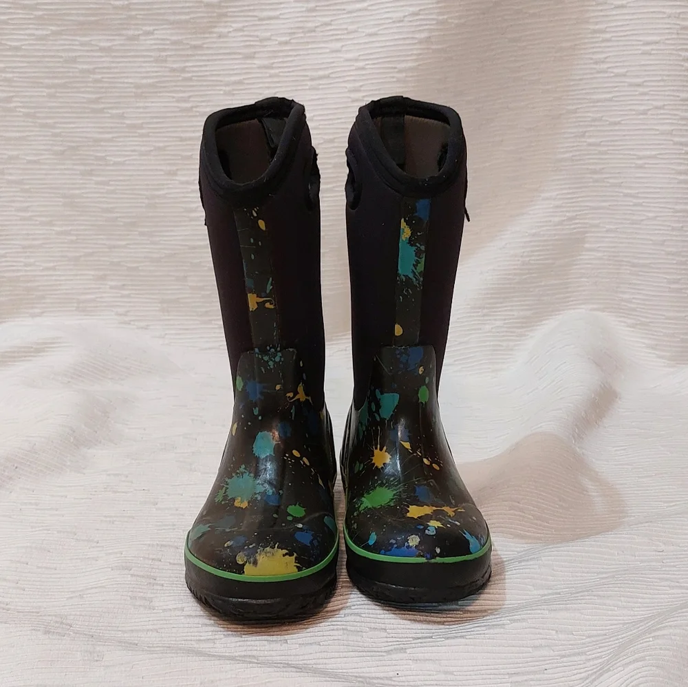Bogs Kids Black Rain Boots with Green and Blue Splash Size 3